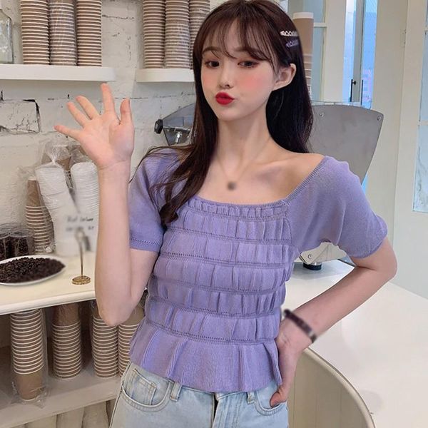 women's t-shirt women knitted t-shirts summer solid color square collar short sleeve casual fashion clothing., White
women's t-shirt women knitted t-shirts summer solid color square collar short sleeve casual fashion clothing., White