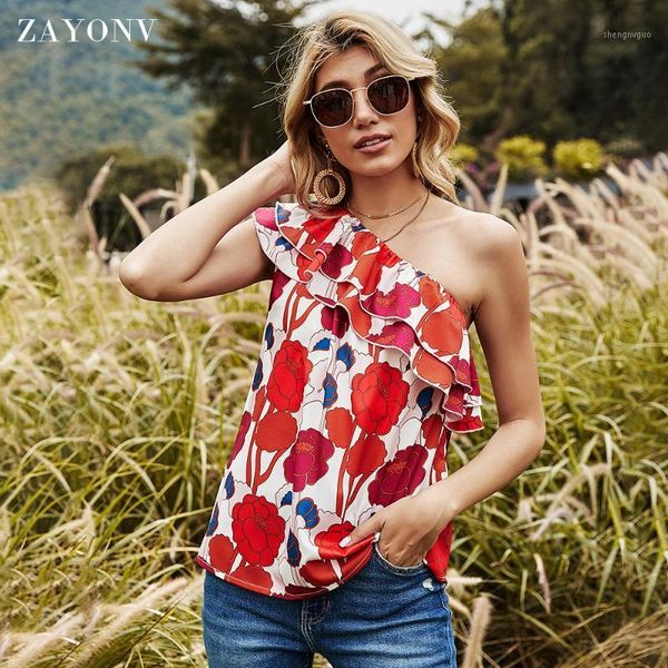 women's blouses & shirts floral print sleeveless one shoulder ruffle blouse top, White
women's blouses & shirts floral print sleeveless one shoulder ruffle blouse top, White