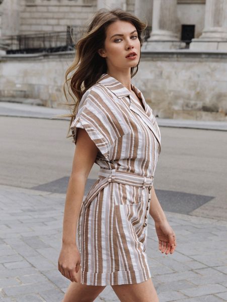 cuffed sleeve striped belted shirt romper q6kv#, White