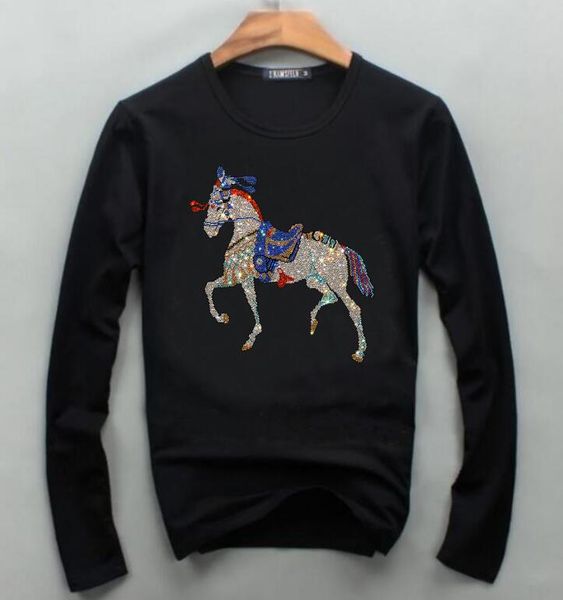 men long tshirts rhinestones horse streetwear fashion casual slim fit oversized man clothes, White;black
men long tshirts rhinestones horse streetwear fashion casual slim fit oversized man clothes, White;black