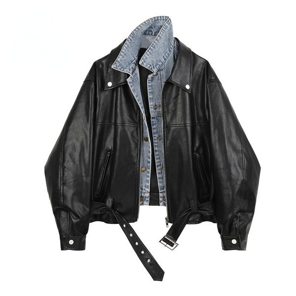 women's leather & faux street stitching denim pu jacket women fall 2021 lapel zipper long-sleeved short, Black
women's leather & faux street stitching denim pu jacket women fall 2021 lapel zipper long-sleeved short, Black