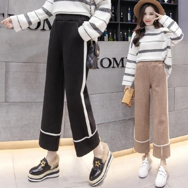 women's pants & capris est 2021 fashion women wide leg solid color ankle-length casual stripped woolen trousers winter warm bottom femm, Black;white
women's pants & capris est 2021 fashion women wide leg solid color ankle-length casual stripped woolen trousers winter warm bottom femm, Black;white