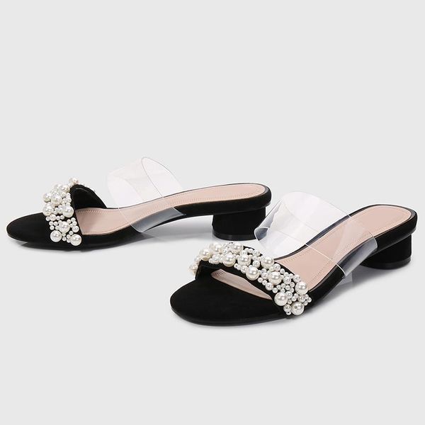 slippers summer women's shoes pearl decoration transparent word with sandals thick heel open toe back half women, Black
slippers summer women's shoes pearl decoration transparent word with sandals thick heel open toe back half women, Black