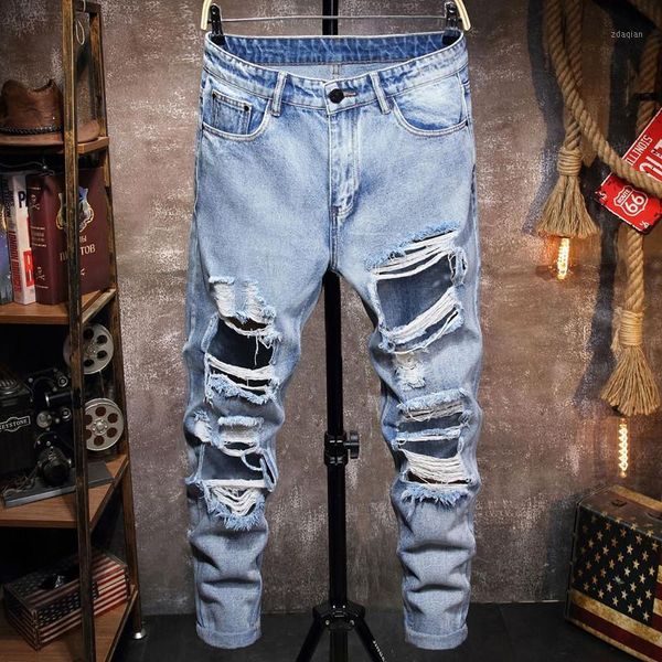 arrival slim men's jeans fashion vintage washed big hole in the knee ripped tight denim trousers male designer clothing, Blue
arrival slim men's jeans fashion vintage washed big hole in the knee ripped tight denim trousers male designer clothing, Blue