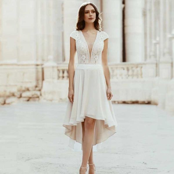 other wedding dresses simple v-neck short cap sleeves elegant hi-lo bridal dress lace chiffon gown 2021, White
other wedding dresses simple v-neck short cap sleeves elegant hi-lo bridal dress lace chiffon gown 2021, White