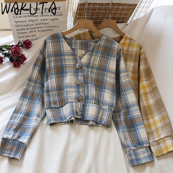 women 2021 fashion slim waist plaid cropped blouses vintage v neck long sleeve button female midriff chic short women's & shirts, White
women 2021 fashion slim waist plaid cropped blouses vintage v neck long sleeve button female midriff chic short women's & shirts, White