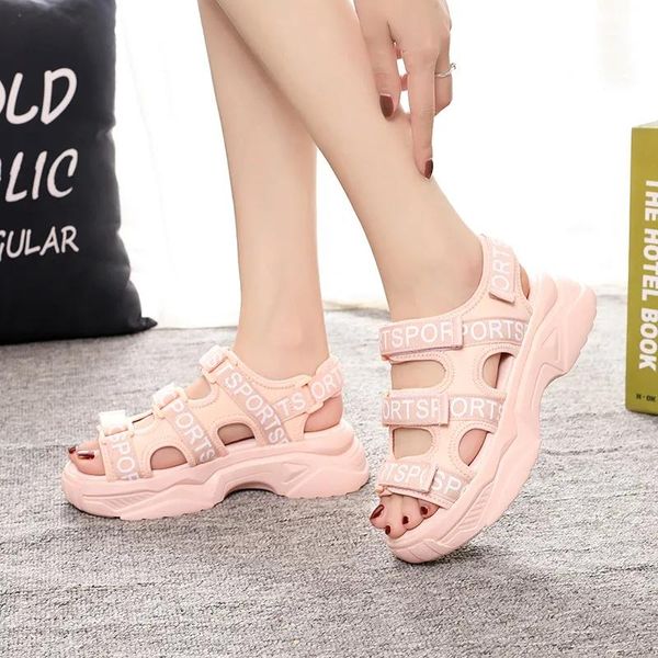 pink pu leather letter patchwork hollow thick bottom sandals summer hook & loop comfortable beach shoes peep toe casual dress, Black 
pink pu leather letter patchwork hollow thick bottom sandals summer hook & loop comfortable beach shoes peep toe casual dress, Black