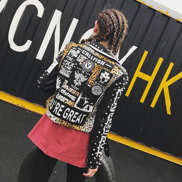 leather spring and autumn tide brand rivet leopard stitching short motorcycle leather female long sleeve punk rock coat, Black
leather spring and autumn tide brand rivet leopard stitching short motorcycle leather female long sleeve punk rock coat, Black