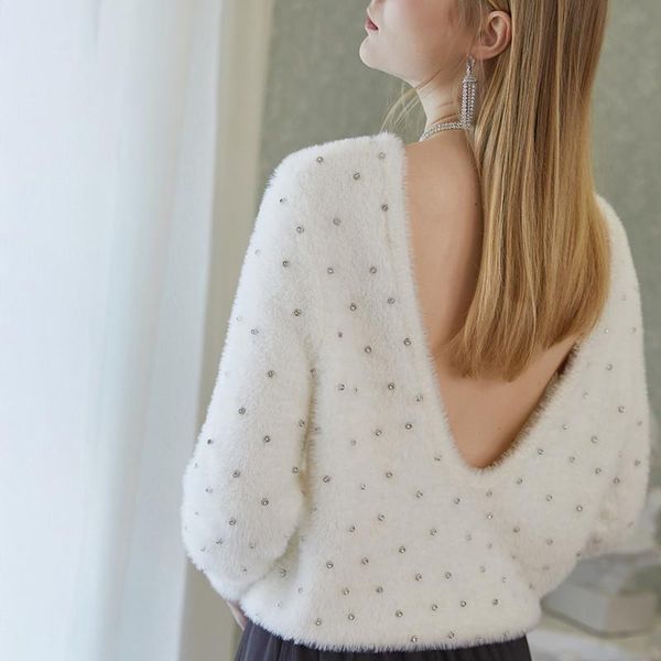 women's diamond knitted sweater backless back v neck long sleeve black/ white sweet knitwear female pullover sweaters, White;black
women's diamond knitted sweater backless back v neck long sleeve black/ white sweet knitwear female pullover sweaters, White;black
