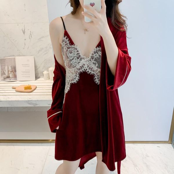 women robe set 2pcs autumn kimono bathrobe gown perspective green velvet intimate lingerie long sleeve sleepwear women's, Black;red
women robe set 2pcs autumn kimono bathrobe gown perspective green velvet intimate lingerie long sleeve sleepwear women's, Black;red