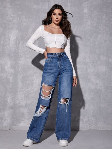 ripped detail wide leg jeans f5zo#, Blue