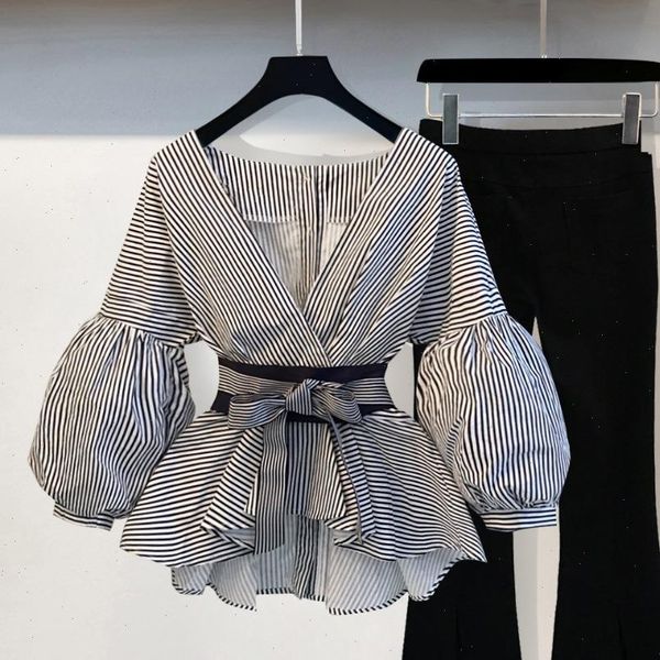 spring summer 2 piece set womenpant v neck lantern sleeve striped blouse bow tie shirt split pencil flare, White
spring summer 2 piece set womenpant v neck lantern sleeve striped blouse bow tie shirt split pencil flare, White