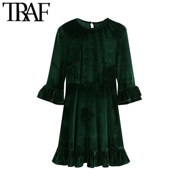 traf women elegant fashion ruffled velvet mini dress vintage three quarter sleeve back zipper female dresses vestidos 210415, Black;gray 
traf women elegant fashion ruffled velvet mini dress vintage three quarter sleeve back zipper female dresses vestidos 210415, Black;gray