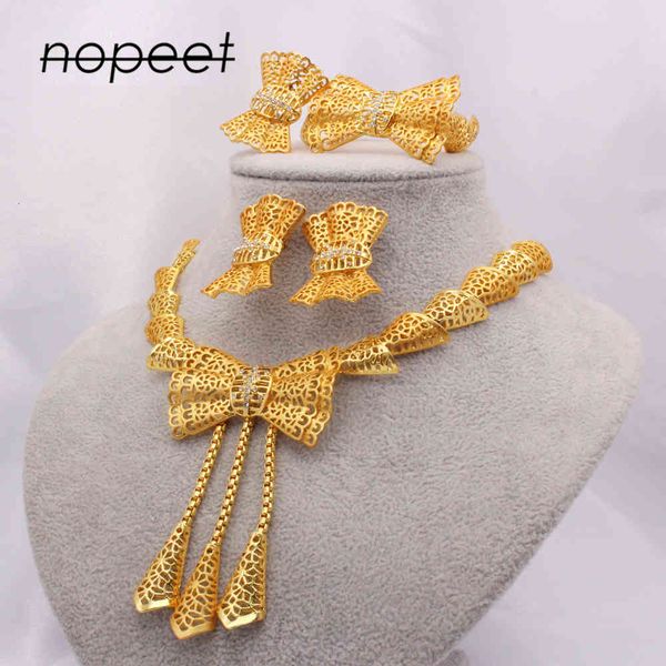 jewelry set dubai 24k gold jewelry nigerian wedding bride necklace ring earring bracelet four piece, Slivery;golden