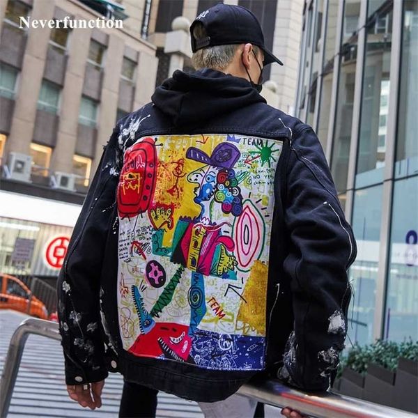 men streetwear graffiti appliques printed jeans jacket hipster holes loose hip hop motorcycle cotton black casual denim jackets 211126, Black;brown
men streetwear graffiti appliques printed jeans jacket hipster holes loose hip hop motorcycle cotton black casual denim jackets 211126, Black;brown