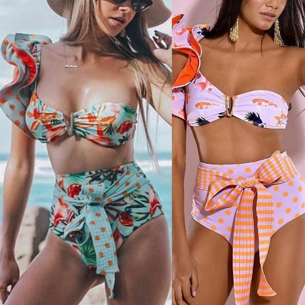 women 2pcs floral tie waist bikini set cutout one shoulder ruffled swimsuit one-piece suits
women 2pcs floral tie waist bikini set cutout one shoulder ruffled swimsuit one-piece suits