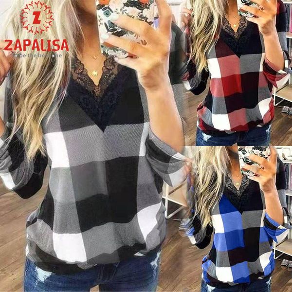 women's t-shirt fashion women plaid print t-shirts patchwork design lace decor see through v-neck long sleeve spring autumn casual loos, White
women's t-shirt fashion women plaid print t-shirts patchwork design lace decor see through v-neck long sleeve spring autumn casual loos, White