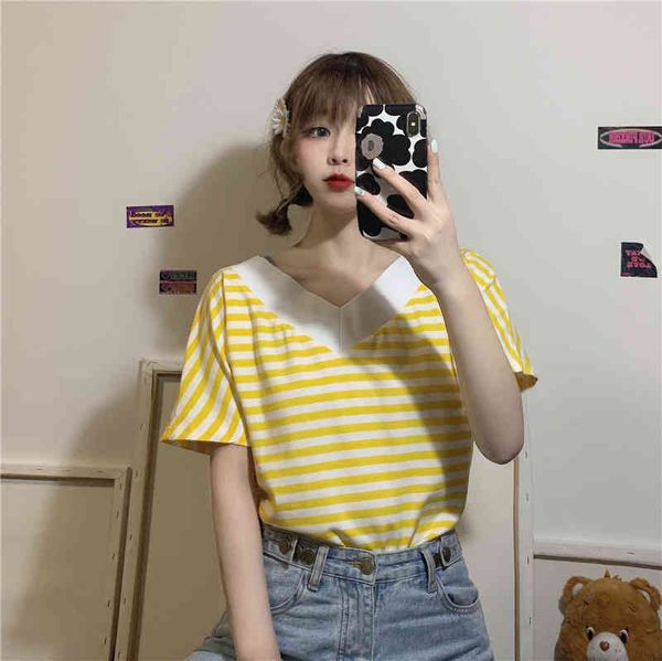 cotton v-neck casual fresh color striped loose women t-shirt college wind basic fashion t-shirts 210522, White
cotton v-neck casual fresh color striped loose women t-shirt college wind basic fashion t-shirts 210522, White