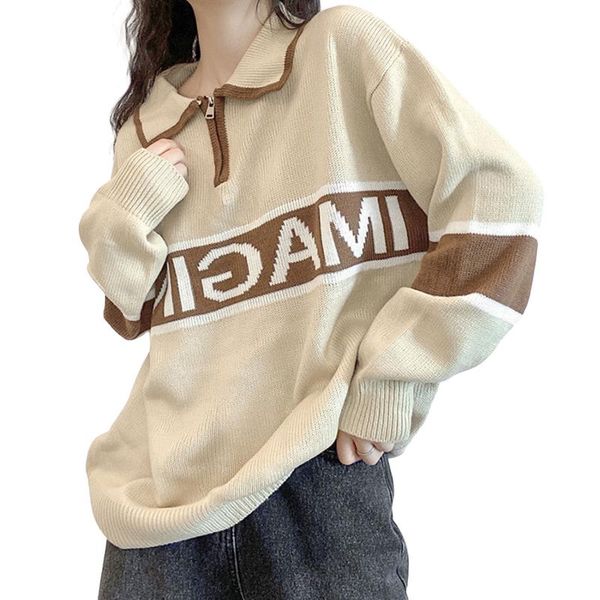 women's sweaters autumn fashion casual loose sweater long sleeve lapel with zipper color blocking top, White;black
women's sweaters autumn fashion casual loose sweater long sleeve lapel with zipper color blocking top, White;black