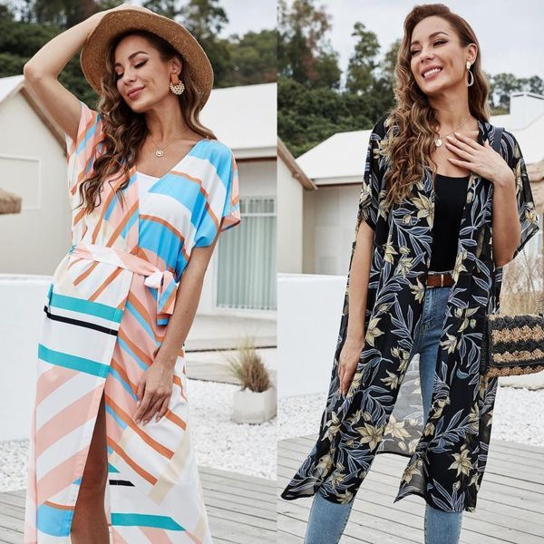 women's summer beach cover ups swimsuit bikini floral print half sleeve long kimono cardigan beachwear swimwear, White;black
women's summer beach cover ups swimsuit bikini floral print half sleeve long kimono cardigan beachwear swimwear, White;black