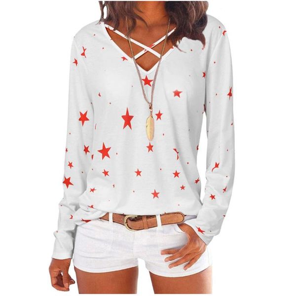 women's t-shirt spring autumn ladies fashion all-match star print delicate t shirt v-neck crisscross casual loose cozy pullovers, White
women's t-shirt spring autumn ladies fashion all-match star print delicate t shirt v-neck crisscross casual loose cozy pullovers, White
