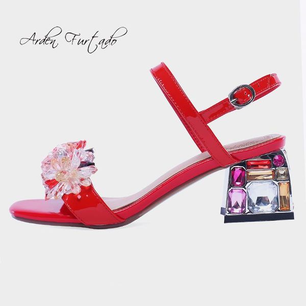 dress shoes 2021 summer chunky heels fashion sandals crystal flowers buckle strap genuine leather red white big size ladies 42, Black