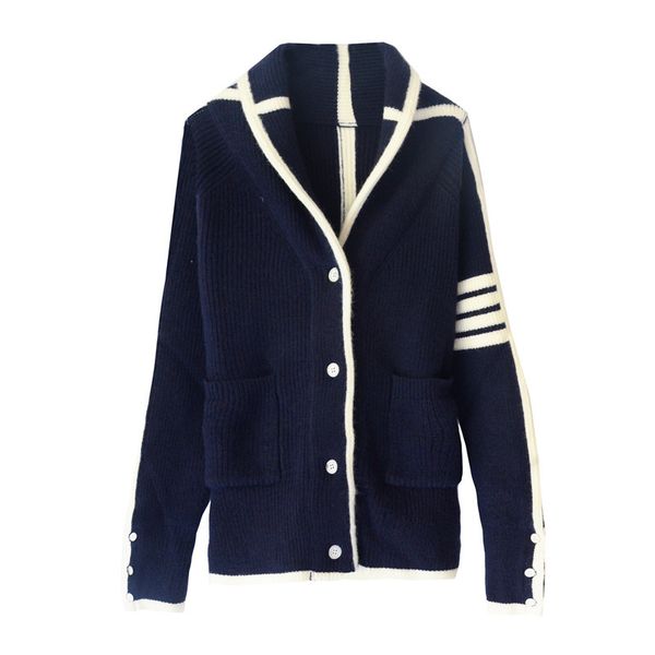 sweater knit tb2021 autumn winter british stripe color contrast lapel hooded versatile ted cardigan, White;black
sweater knit tb2021 autumn winter british stripe color contrast lapel hooded versatile ted cardigan, White;black