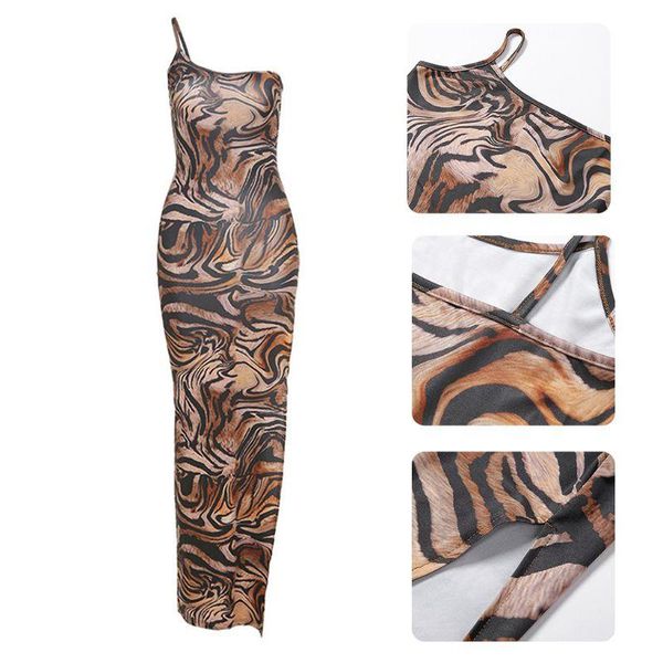 women one shoulder bodycon maxi dress tiger striped high split clubwear casual dresses, Black;gray
women one shoulder bodycon maxi dress tiger striped high split clubwear casual dresses, Black;gray