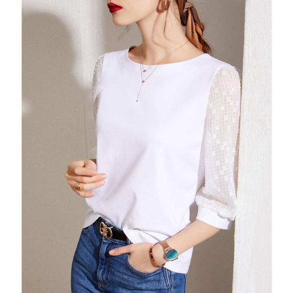 spring and summer women's five-point sleeve stitching french white round neck t-shirt
spring and summer women's five-point sleeve stitching french white round neck t-shirt