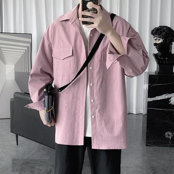 men's casual shirts men clothing 2021 blouses turn-down collar spring oversize classic korean streetwear, White;black
men's casual shirts men clothing 2021 blouses turn-down collar spring oversize classic korean streetwear, White;black