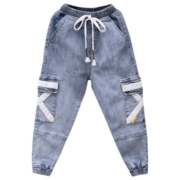 jeans hip hop boys side pockets cargo harem pants kids casual blue denim elastic waist loose boy trousers