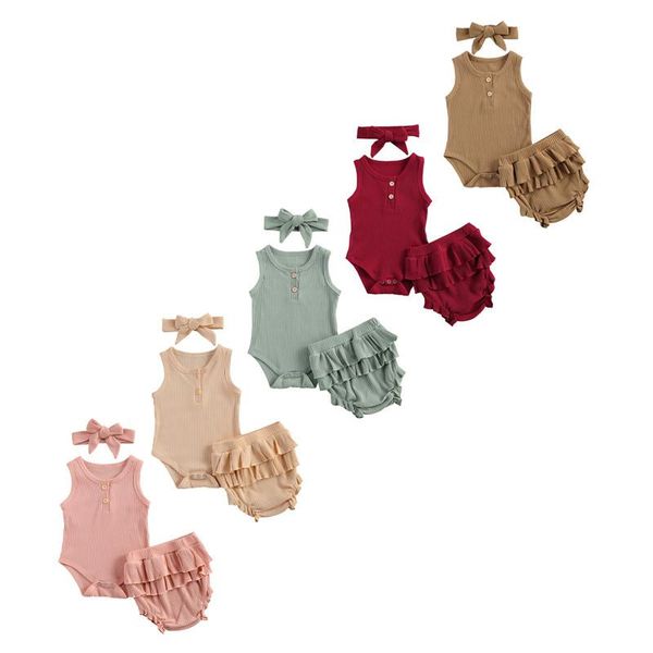 clothing sets 0-24m 3pcs baby girl clothes set ribbed sports suit boy fresh solid color sleeveless jumpsuit ruffles short pants headband, White 
clothing sets 0-24m 3pcs baby girl clothes set ribbed sports suit boy fresh solid color sleeveless jumpsuit ruffles short pants headband, White