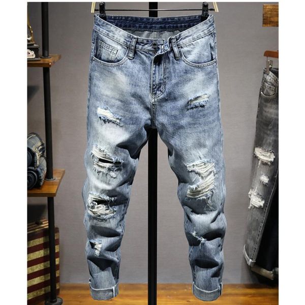 men's jeans summer thin korean version trend slim body tight foot holes street style casual light color white grinding trousers, Blue
men's jeans summer thin korean version trend slim body tight foot holes street style casual light color white grinding trousers, Blue