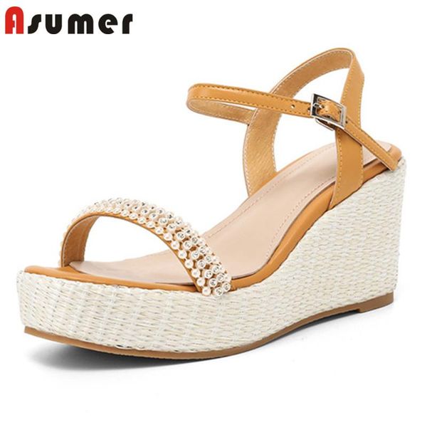 dress shoes asumer 2021 est high heels sandals women wedges platform buckle pearl summer genuine leather ladies, Black
dress shoes asumer 2021 est high heels sandals women wedges platform buckle pearl summer genuine leather ladies, Black