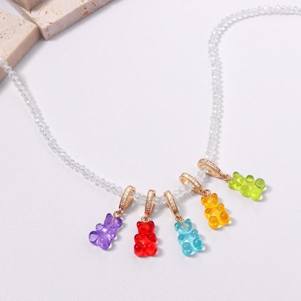 chains rainbow resin gummy bear zircon pendant necklace for women girls handmade transparent beaded 2021 fashion jewelry, Silver