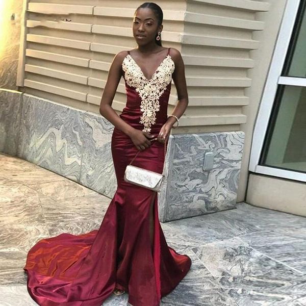spaghetti split lace mermaid long evening dresses with appliques deep v neck sweep train satin prom gowns, Black;red
spaghetti split lace mermaid long evening dresses with appliques deep v neck sweep train satin prom gowns, Black;red