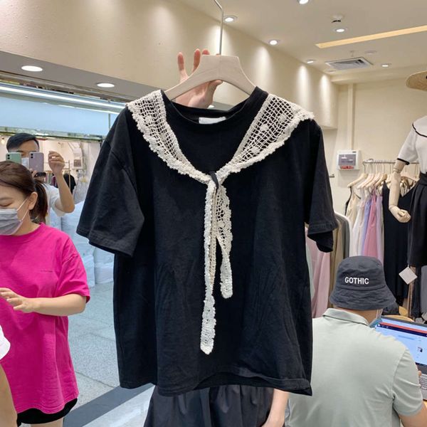 women's t-shirt t shirt cotton short korean ins fashion design feeling lace fake two shawl half sleeve clothes by10, White
women's t-shirt t shirt cotton short korean ins fashion design feeling lace fake two shawl half sleeve clothes by10, White