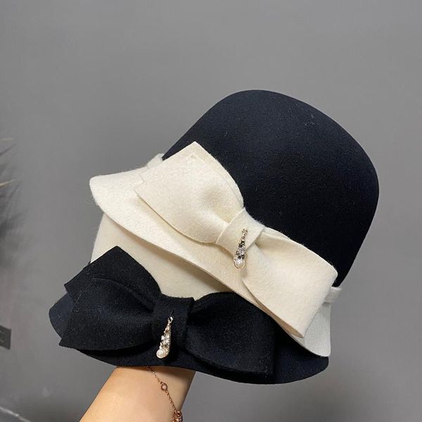 stingy brim hats wool fedora hat for women french elegant black white stitching basin winter fashion designer cloche, Blue;gray
stingy brim hats wool fedora hat for women french elegant black white stitching basin winter fashion designer cloche, Blue;gray