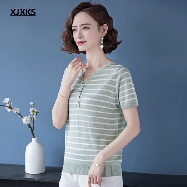 women's t-shirt xjxks fashion v-neck women striped 2021 summer casual short sleeve top, White
women's t-shirt xjxks fashion v-neck women striped 2021 summer casual short sleeve top, White