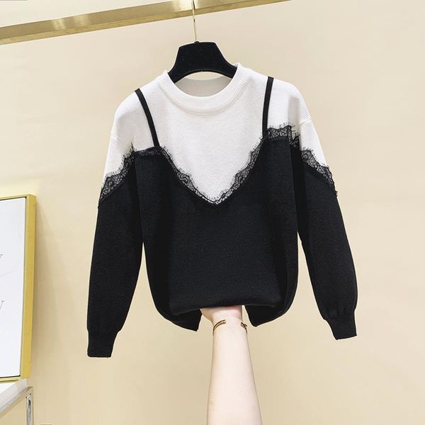 women's sweaters lace stitching sweater girls fake two-piece color matching o-neck pullover 2021 autumn winter warm knitwear, White;black
women's sweaters lace stitching sweater girls fake two-piece color matching o-neck pullover 2021 autumn winter warm knitwear, White;black