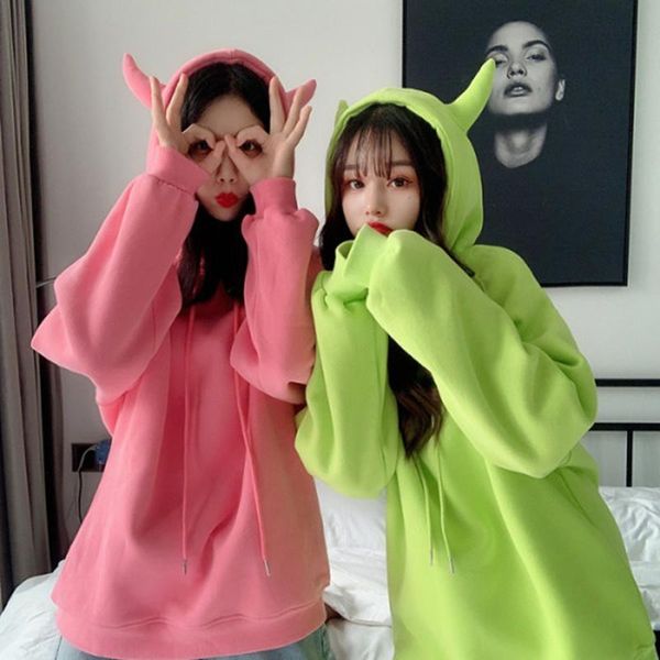 women's hoodies & sweatshirts design sense cute fresh horns hoodie hooded female loose candy color plus velvet thick long-sleeved sweat, Black
women's hoodies & sweatshirts design sense cute fresh horns hoodie hooded female loose candy color plus velvet thick long-sleeved sweat, Black