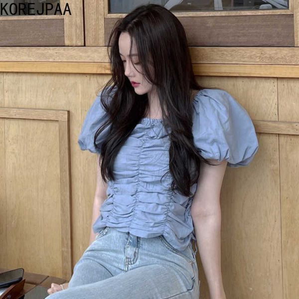 korejpaa women shirt summer korean chic ladies niche french design sense pleated slim slimming puff sleeve short blouses 210526, White
korejpaa women shirt summer korean chic ladies niche french design sense pleated slim slimming puff sleeve short blouses 210526, White