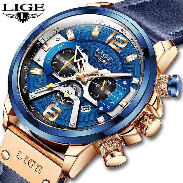 

lige mens watches luxury leather watch for men waterproof quartz clock male brand sport chronograph relogio masculino 210527, Slivery;brown