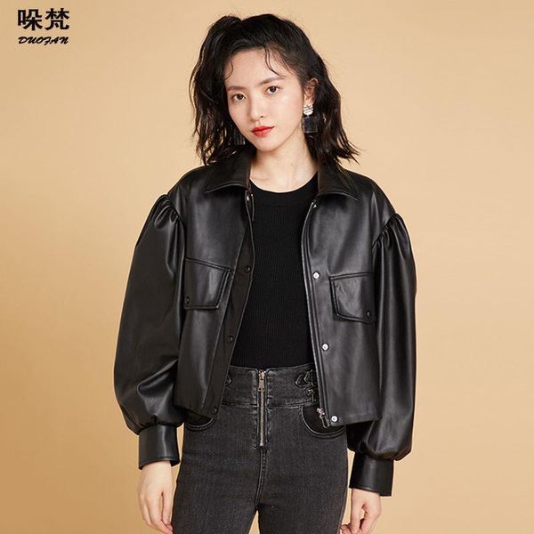 women's leather & faux duofan spring women jacket biker coat puff sleeve turndown collar pu motorcycle jackets loose streetwear df0030, Black
women's leather & faux duofan spring women jacket biker coat puff sleeve turndown collar pu motorcycle jackets loose streetwear df0030, Black