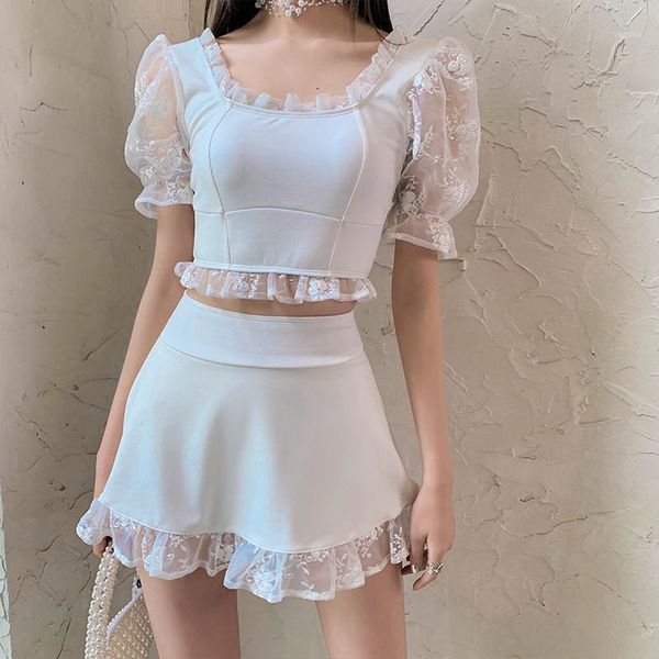 women's swimwear korea style swim skirt two piece swimsuit lace short sleeve bikini set women high waist biquini open back bandage beac, White;black
women's swimwear korea style swim skirt two piece swimsuit lace short sleeve bikini set women high waist biquini open back bandage beac, White;black