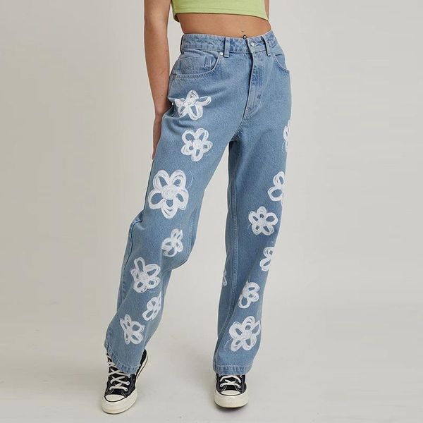 women's jeans women high waist straight personality flower print long pants baggy loose trousers, Blue
women's jeans women high waist straight personality flower print long pants baggy loose trousers, Blue