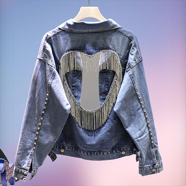 women's jackets streetwear 2021 autumn heavy industry rhinestone back hollowed out love tassel denim cropped jacket female loose jeans, Black;brown
women's jackets streetwear 2021 autumn heavy industry rhinestone back hollowed out love tassel denim cropped jacket female loose jeans, Black;brown