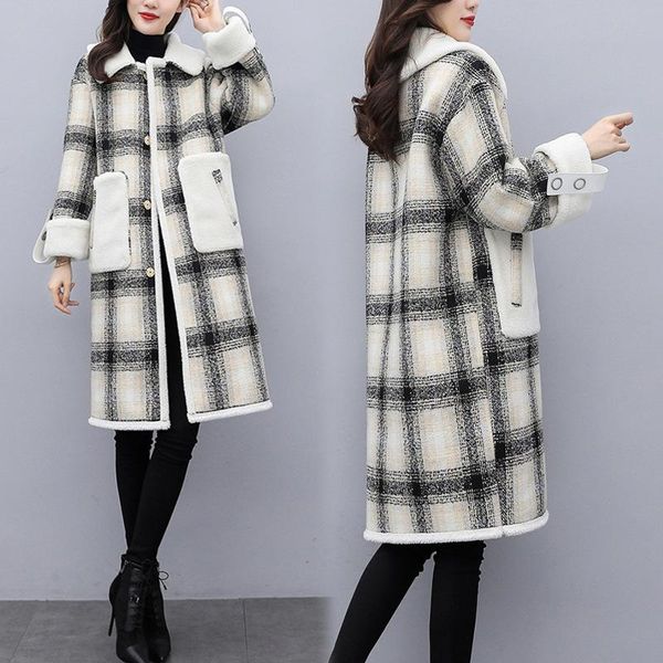 women's wool & blends cashmere plaid coat middle long 2021 winter dress style temperament thin over the knee warm woolen, Black
women's wool & blends cashmere plaid coat middle long 2021 winter dress style temperament thin over the knee warm woolen, Black