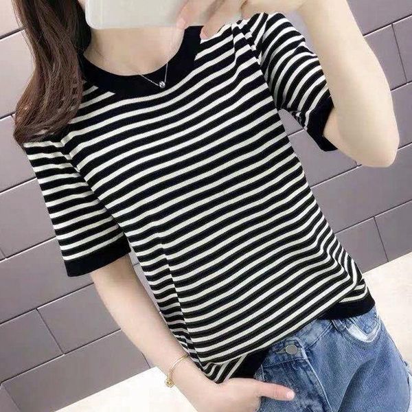 women's t-shirt 2021 summer women fashion o-neck striped short sleeve knitted female korean causal ice silk jumper tees a07, White
women's t-shirt 2021 summer women fashion o-neck striped short sleeve knitted female korean causal ice silk jumper tees a07, White
