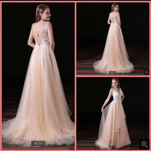 robe de soiree champagne tulle a line prom dresses lace appliques beaded sleeveless v neckline elegant party gowns backless formal long even, Black
robe de soiree champagne tulle a line prom dresses lace appliques beaded sleeveless v neckline elegant party gowns backless formal long even, Black
